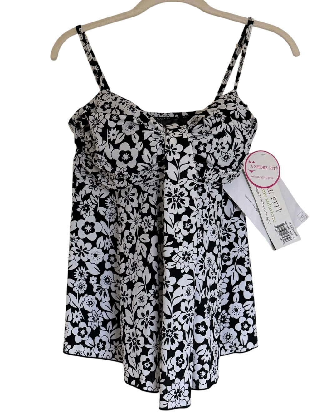 NWT A Shore Fit! Women’s Tankini Top Size 10 Floral Print Swimsuit Black White